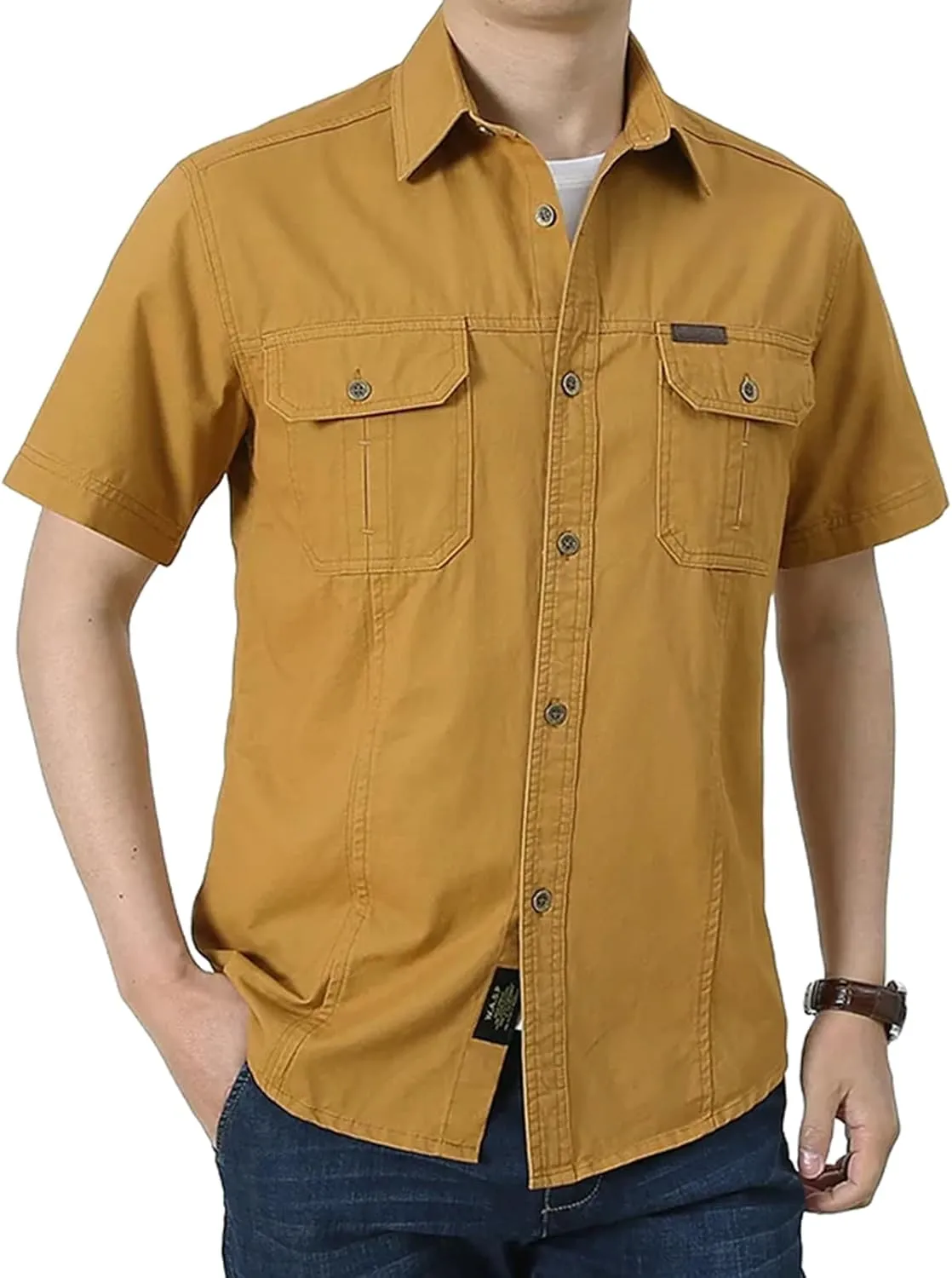 Cargo Shirt Men's Casual Retro Cotton Pocket Short Sleeve Coat Plus Size Outdoor Camping Fishing Sweat Absorbing Shirt Yellow