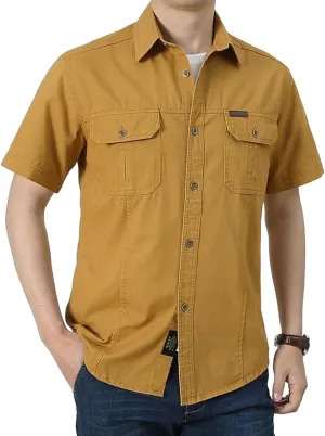Cargo Shirt Men's Casual Retro Cotton Pocket Short Sleeve Coat Plus Size Outdoor Camping Fishing Sweat Absorbing Shirt Yellow