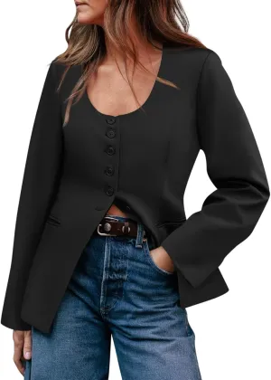 Cicy Bell Womens Scoop Neck Casual Blazer Button Down Split Hem Fitted Business Work Suit Jackets