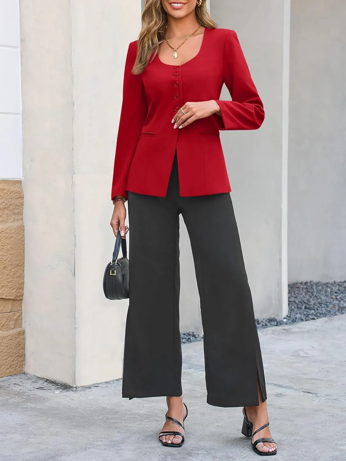 Cicy Bell Womens Scoop Neck Casual Blazer Button Down Split Hem Fitted Business Work Suit Jackets
