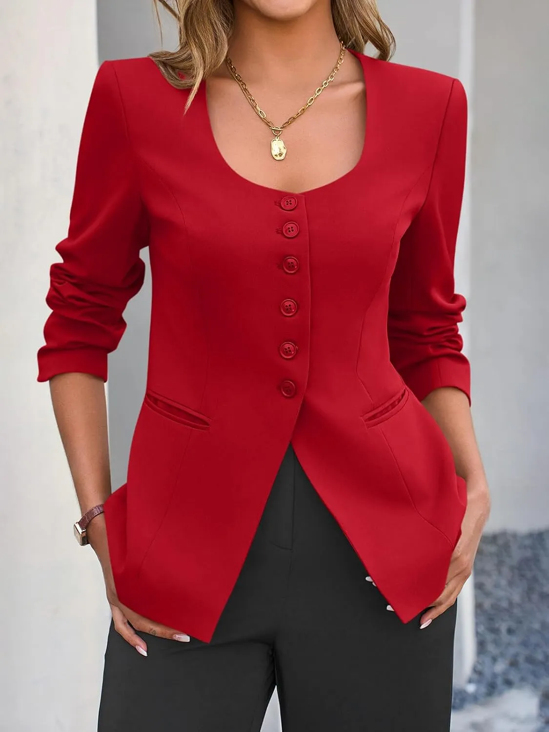 Cicy Bell Womens Scoop Neck Casual Blazer Button Down Split Hem Fitted Business Work Suit Jackets