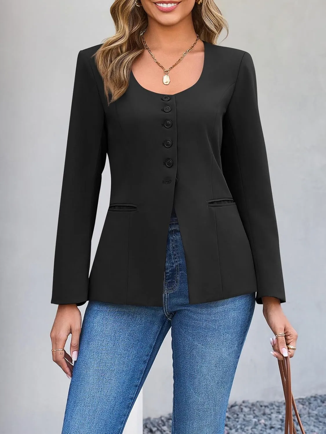 Cicy Bell Womens Scoop Neck Casual Blazer Button Down Split Hem Fitted Business Work Suit Jackets