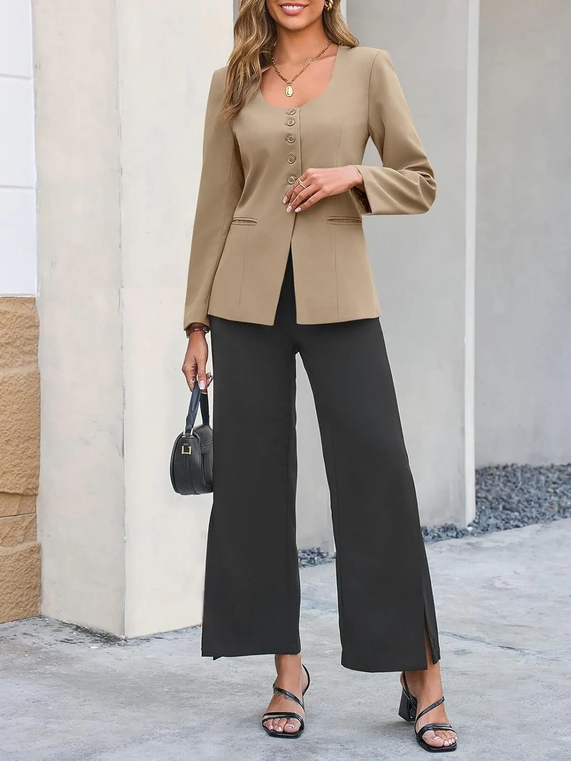 Cicy Bell Womens Scoop Neck Casual Blazer Button Down Split Hem Fitted Business Work Suit Jackets