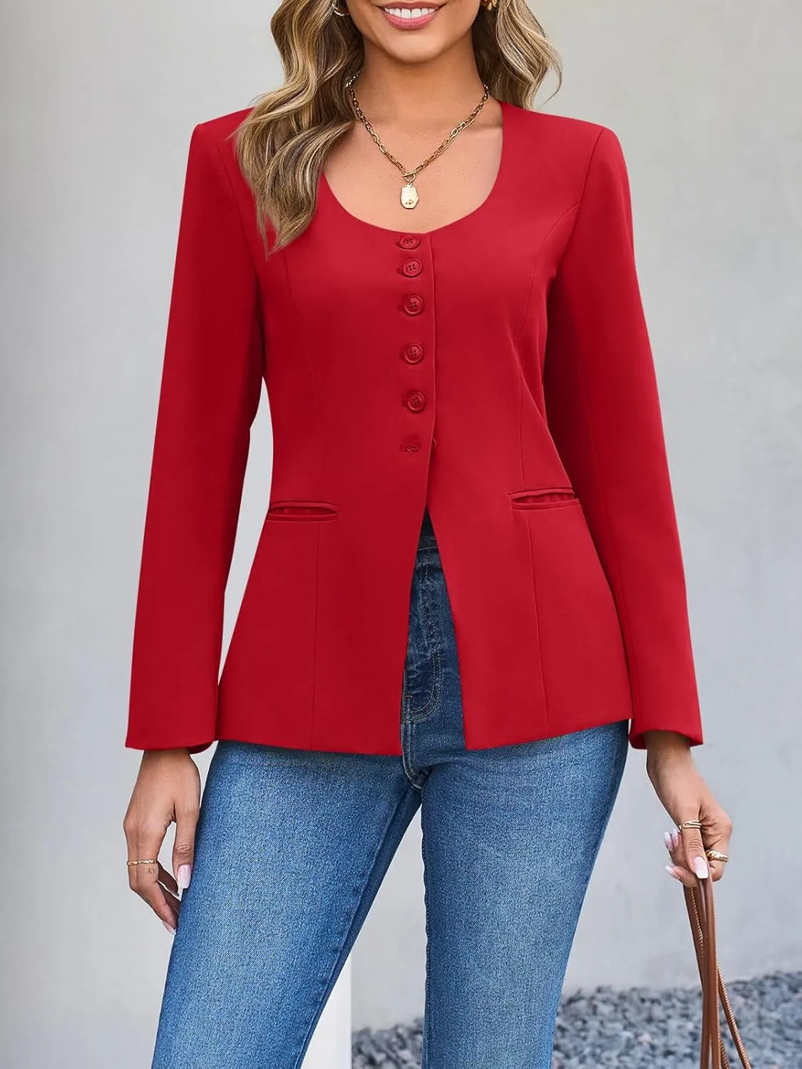 Cicy Bell Womens Scoop Neck Casual Blazer Button Down Split Hem Fitted Business Work Suit Jackets