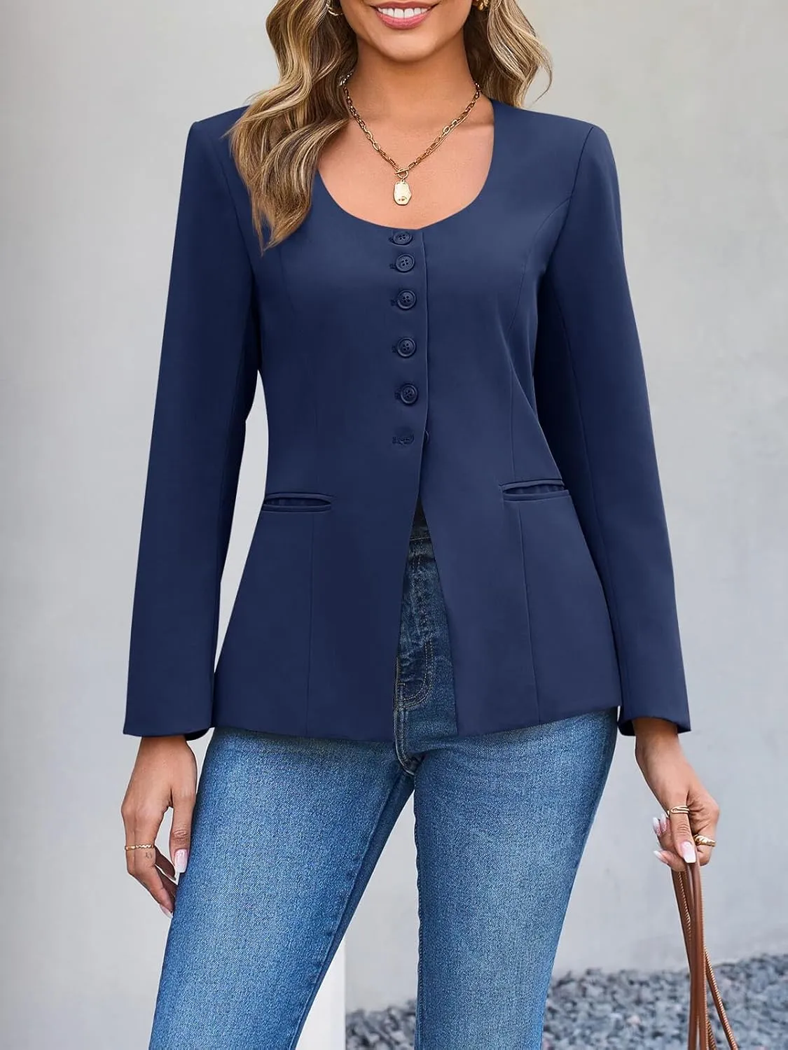 Cicy Bell Womens Scoop Neck Casual Blazer Button Down Split Hem Fitted Business Work Suit Jackets