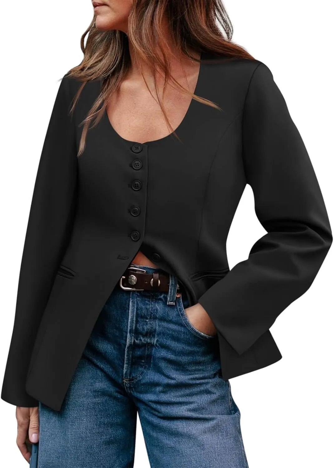 Cicy Bell Womens Scoop Neck Casual Blazer Button Down Split Hem Fitted Business Work Suit Jackets