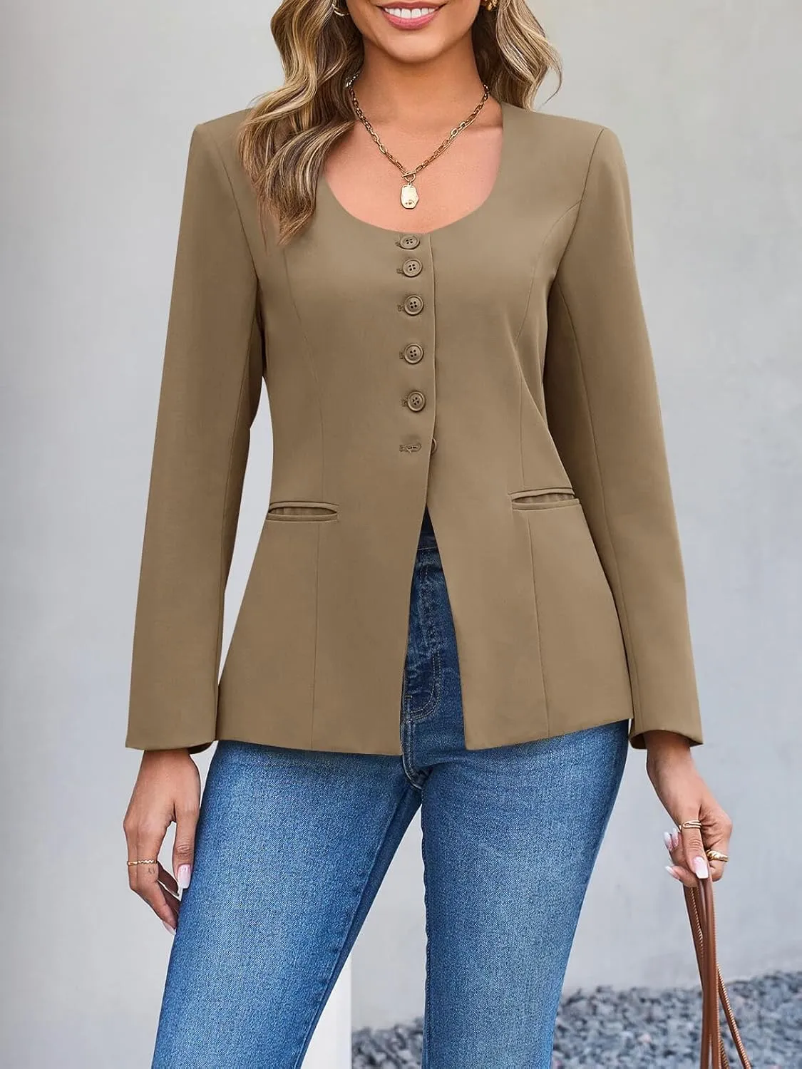 Cicy Bell Womens Scoop Neck Casual Blazer Button Down Split Hem Fitted Business Work Suit Jackets