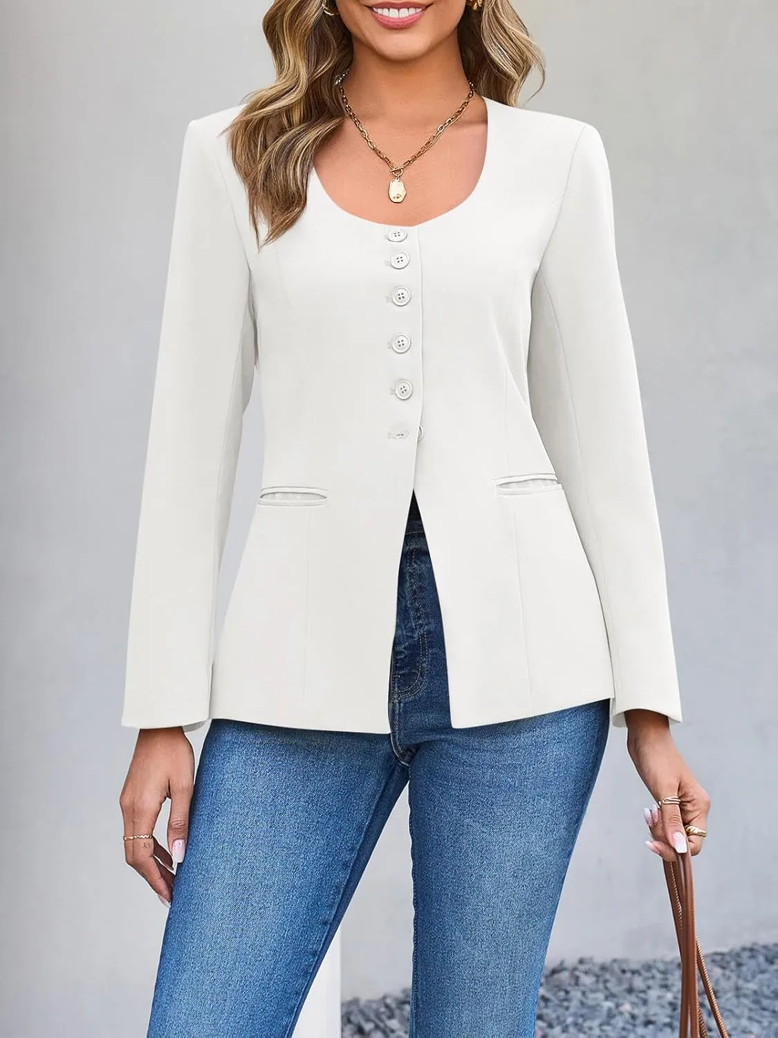 Cicy Bell Womens Scoop Neck Casual Blazer Button Down Split Hem Fitted Business Work Suit Jackets
