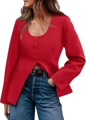 Cicy Bell Womens Scoop Neck Casual Blazer Button Down Split Hem Fitted Business Work Suit Jackets
