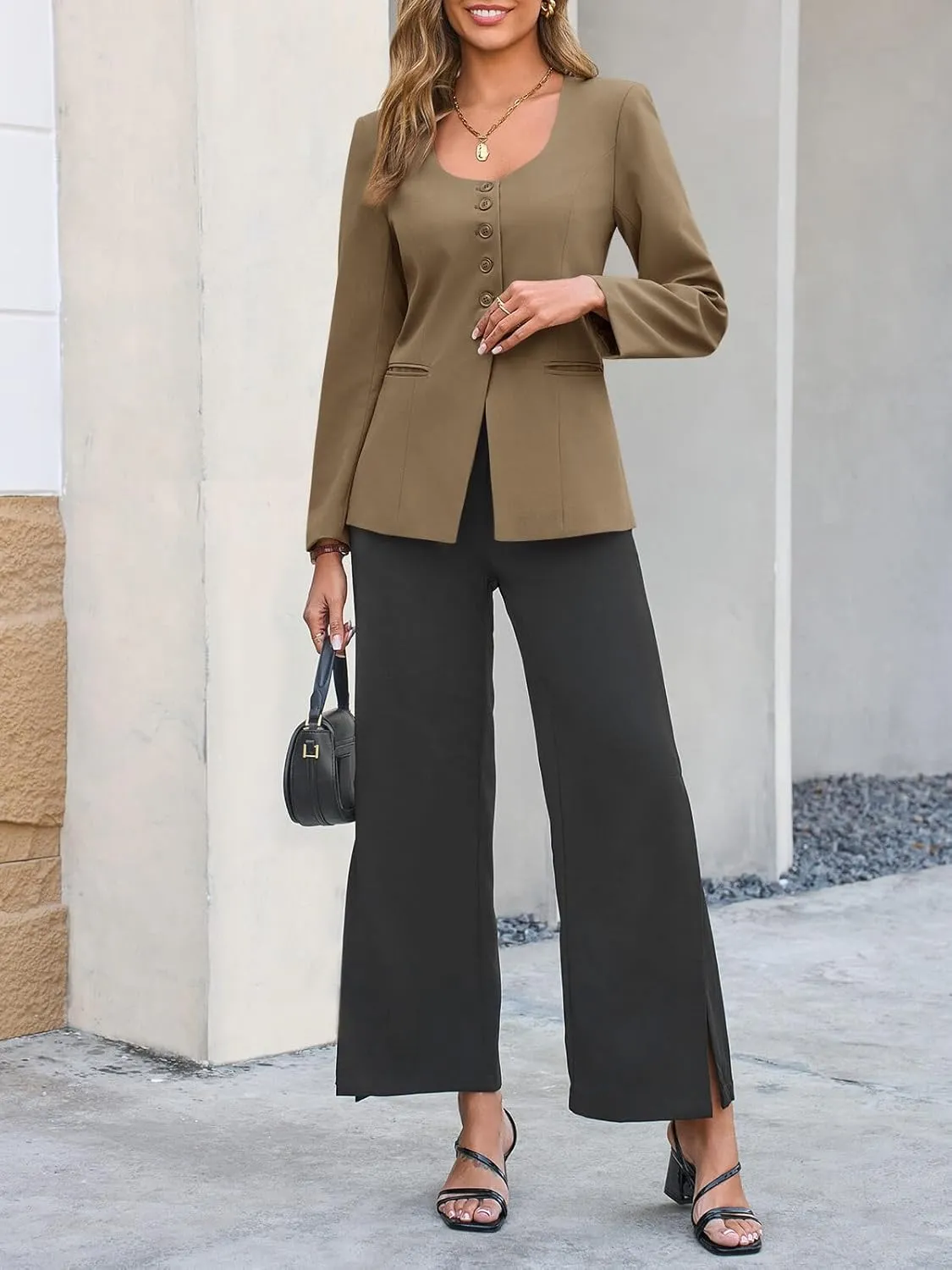 Cicy Bell Womens Scoop Neck Casual Blazer Button Down Split Hem Fitted Business Work Suit Jackets