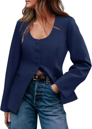 Cicy Bell Womens Scoop Neck Casual Blazer Button Down Split Hem Fitted Business Work Suit Jackets
