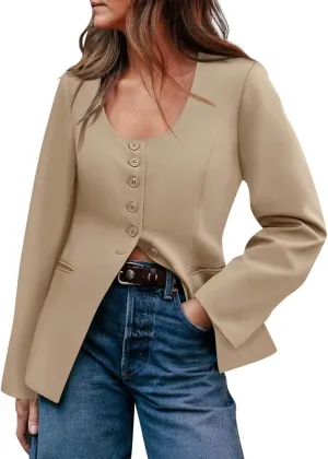 Cicy Bell Womens Scoop Neck Casual Blazer Button Down Split Hem Fitted Business Work Suit Jackets