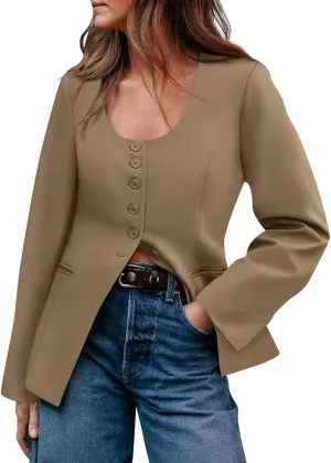 Cicy Bell Womens Scoop Neck Casual Blazer Button Down Split Hem Fitted Business Work Suit Jackets