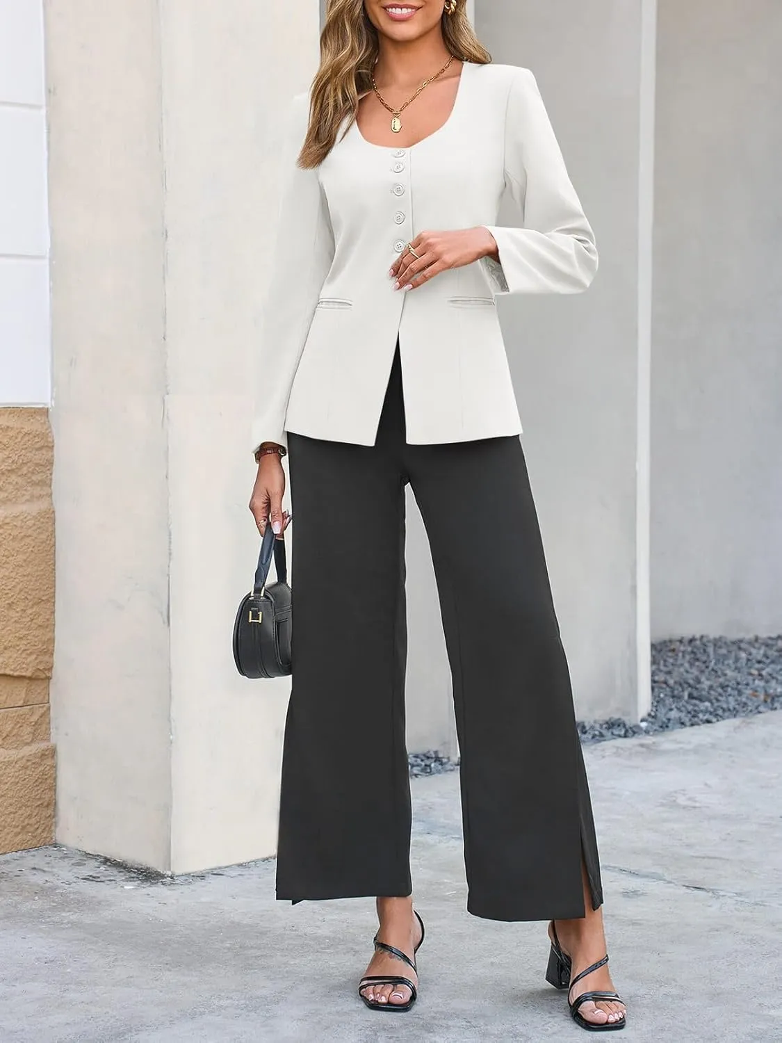 Cicy Bell Womens Scoop Neck Casual Blazer Button Down Split Hem Fitted Business Work Suit Jackets