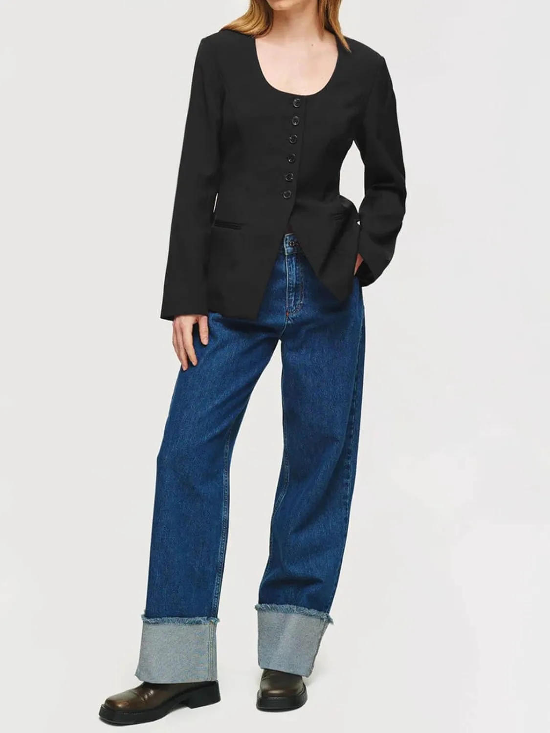 Cicy Bell Womens Scoop Neck Casual Blazer Button Down Split Hem Fitted Business Work Suit Jackets