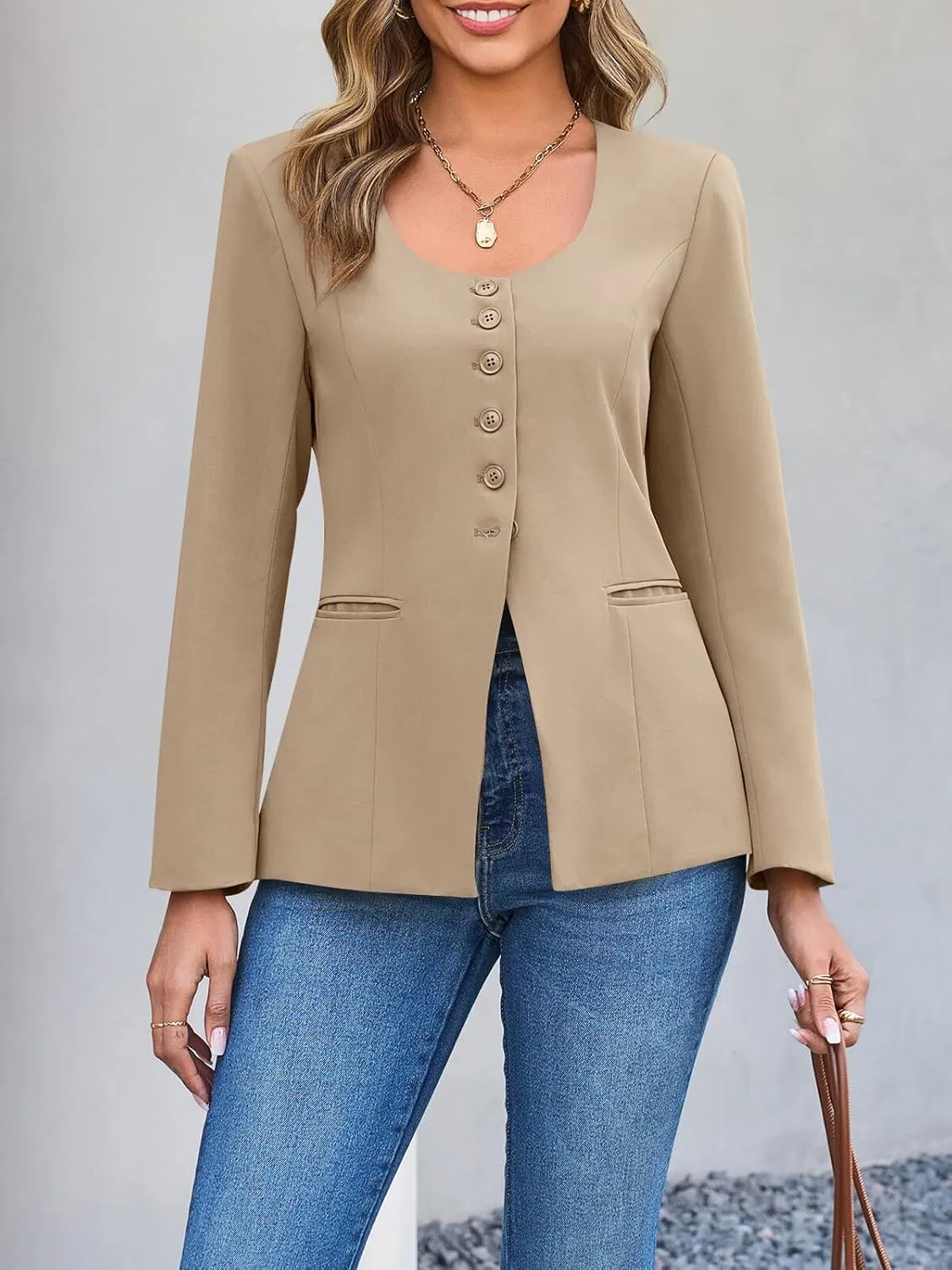 Cicy Bell Womens Scoop Neck Casual Blazer Button Down Split Hem Fitted Business Work Suit Jackets