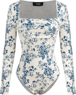 CIDER Bodysuits For Women Floral Print Square Neck Ruched Long Sleeve Bodysuit Slim Fitted Tops