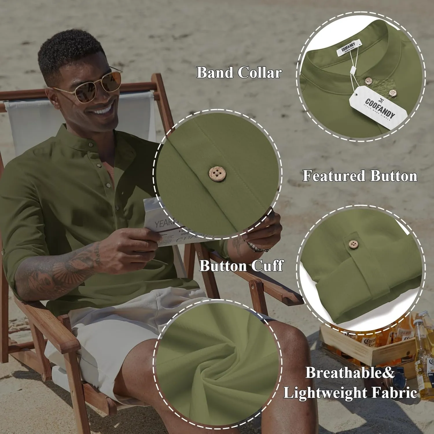COOFANDY Men's Casual Henley Shirts Long Sleeve Band Collar Lightweight Beach Shirts Summer T-Shirts