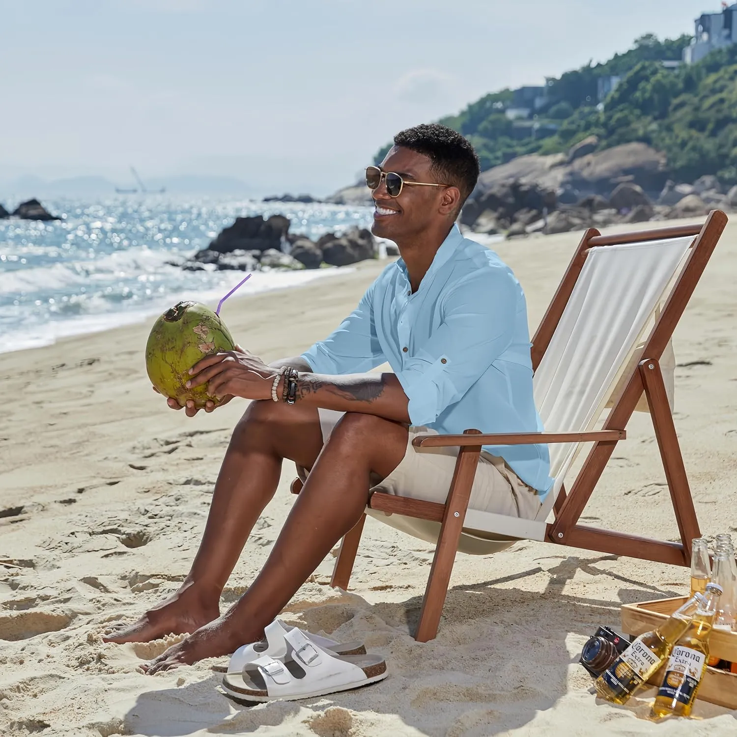COOFANDY Men's Casual Henley Shirts Long Sleeve Band Collar Lightweight Beach Shirts Summer T-Shirts