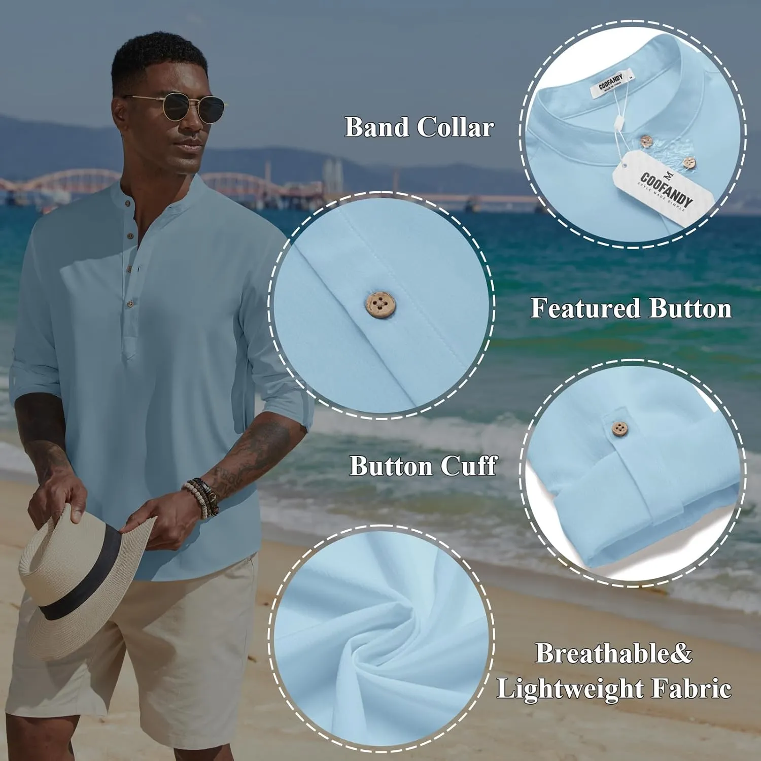 COOFANDY Men's Casual Henley Shirts Long Sleeve Band Collar Lightweight Beach Shirts Summer T-Shirts