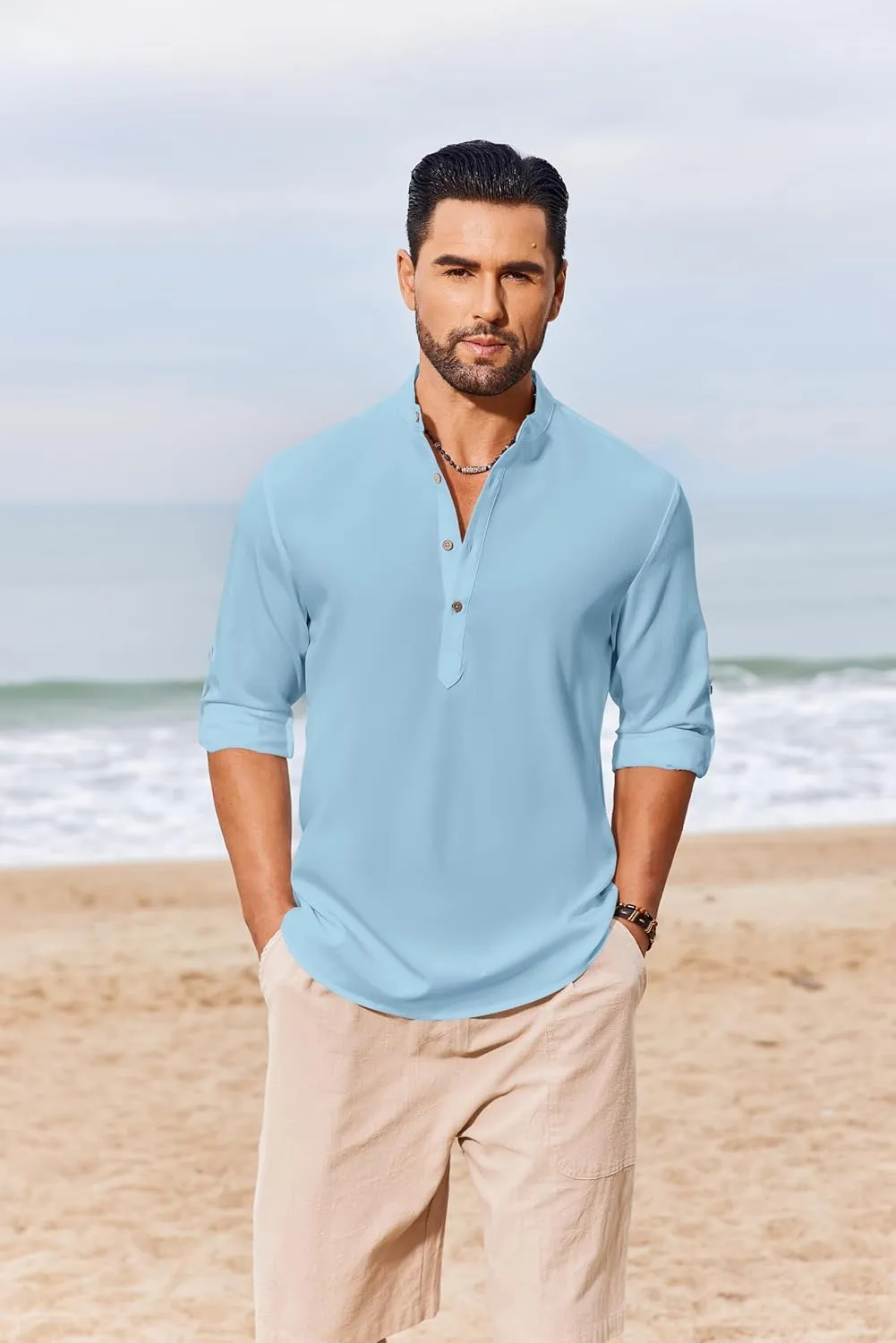COOFANDY Men's Casual Henley Shirts Long Sleeve Band Collar Lightweight Beach Shirts Summer T-Shirts