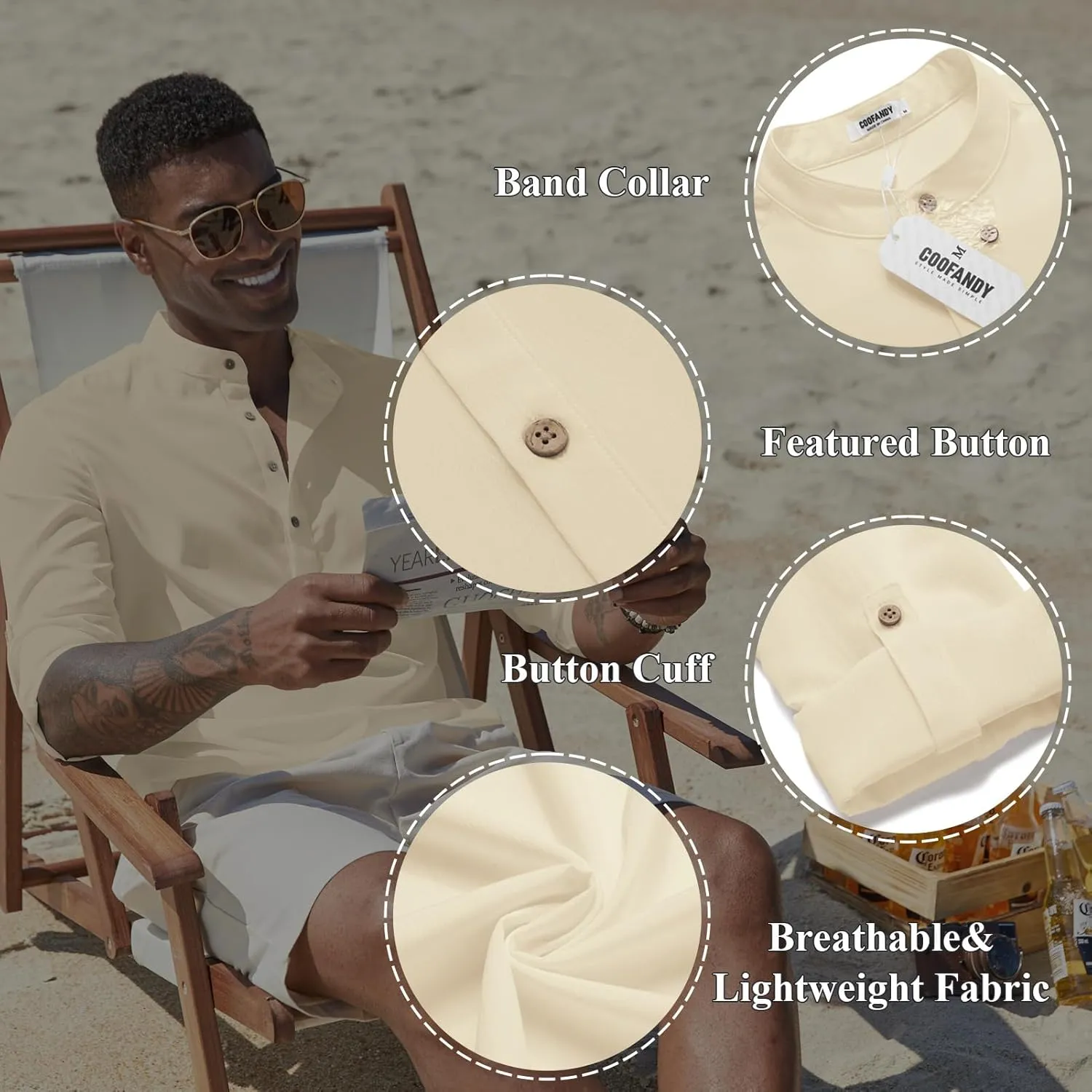 COOFANDY Men's Casual Henley Shirts Long Sleeve Band Collar Lightweight Beach Shirts Summer T-Shirts
