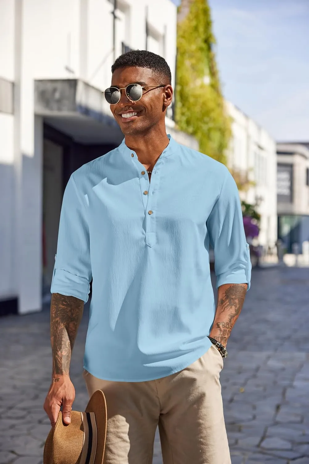 COOFANDY Men's Casual Henley Shirts Long Sleeve Band Collar Lightweight Beach Shirts Summer T-Shirts