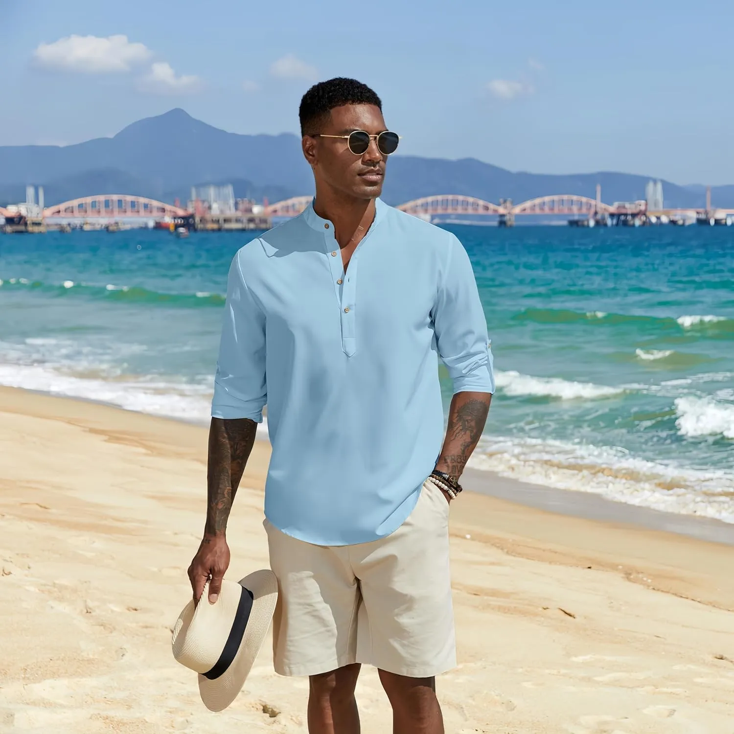 COOFANDY Men's Casual Henley Shirts Long Sleeve Band Collar Lightweight Beach Shirts Summer T-Shirts