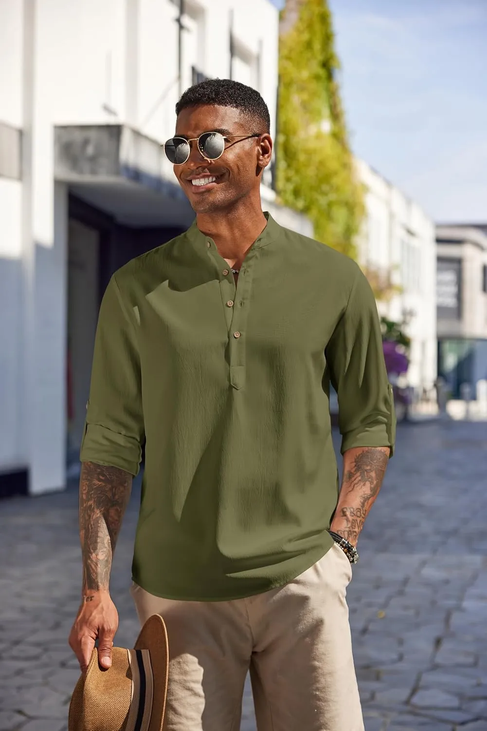 COOFANDY Men's Casual Henley Shirts Long Sleeve Band Collar Lightweight Beach Shirts Summer T-Shirts