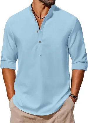 COOFANDY Men's Casual Henley Shirts Long Sleeve Band Collar Lightweight Beach Shirts Summer T-Shirts