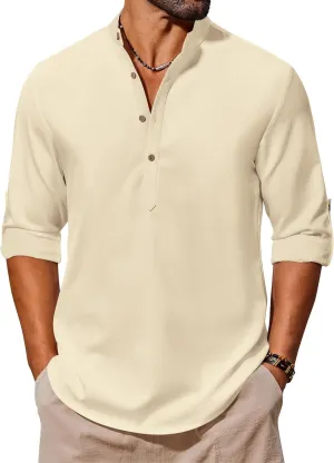 COOFANDY Men's Casual Henley Shirts Long Sleeve Band Collar Lightweight Beach Shirts Summer T-Shirts