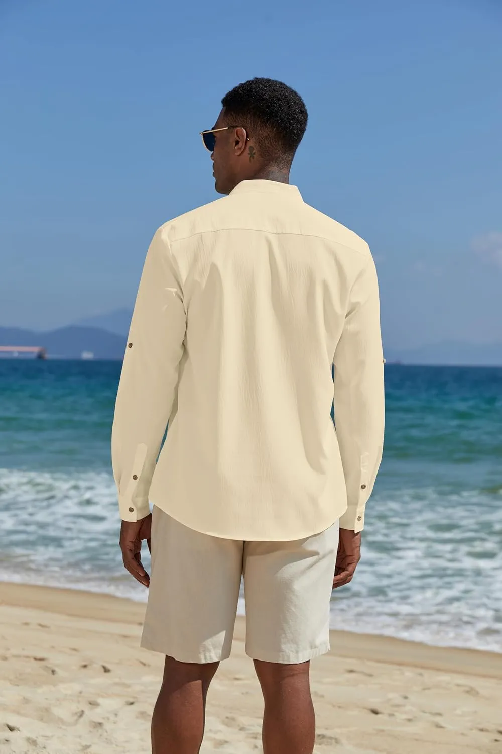 COOFANDY Men's Casual Henley Shirts Long Sleeve Band Collar Lightweight Beach Shirts Summer T-Shirts