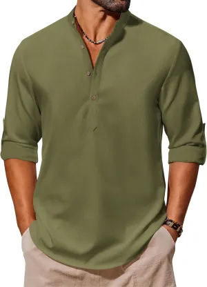COOFANDY Men's Casual Henley Shirts Long Sleeve Band Collar Lightweight Beach Shirts Summer T-Shirts