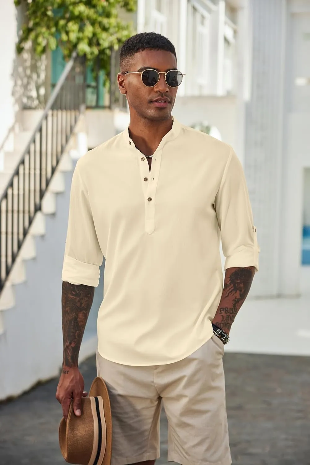 COOFANDY Men's Casual Henley Shirts Long Sleeve Band Collar Lightweight Beach Shirts Summer T-Shirts