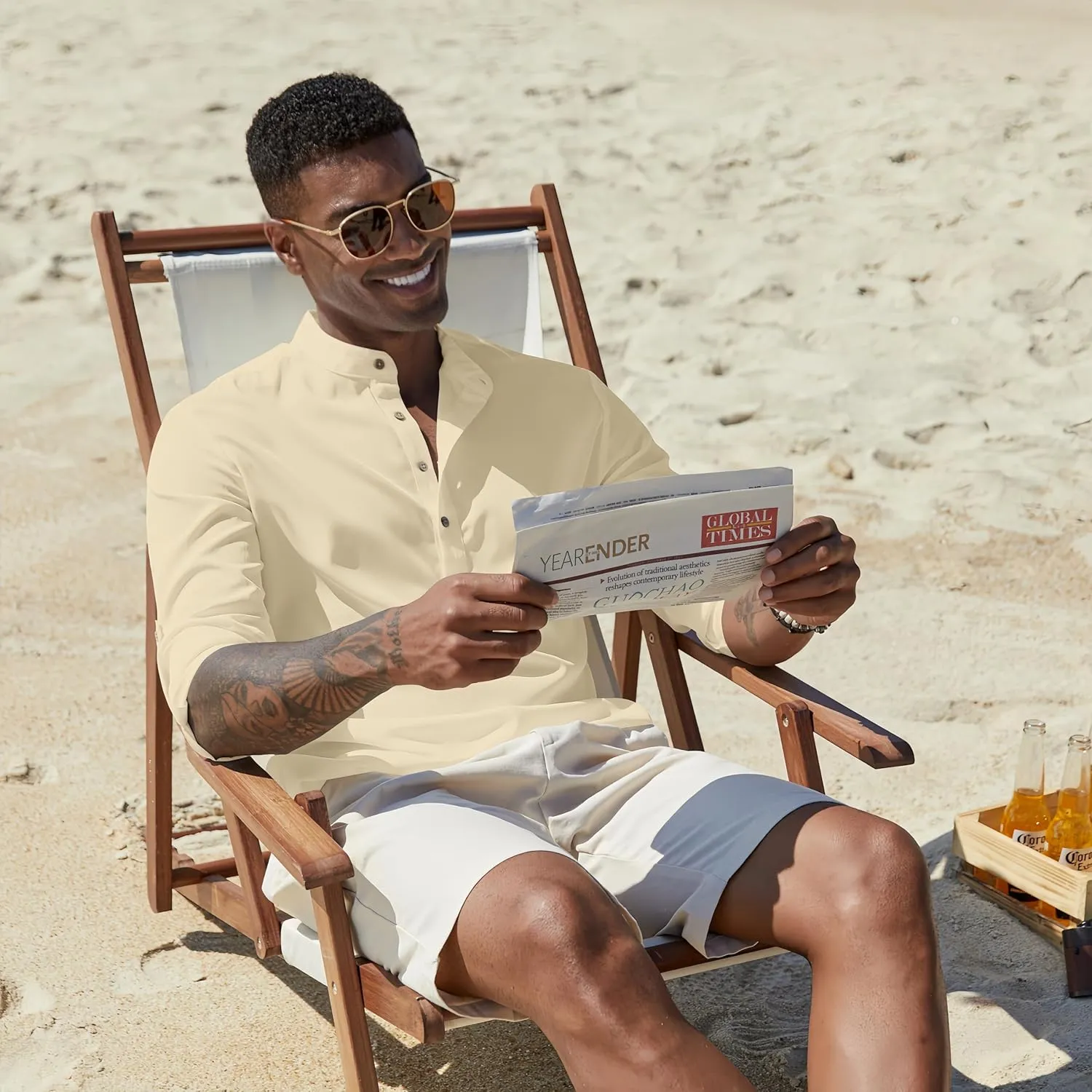 COOFANDY Men's Casual Henley Shirts Long Sleeve Band Collar Lightweight Beach Shirts Summer T-Shirts