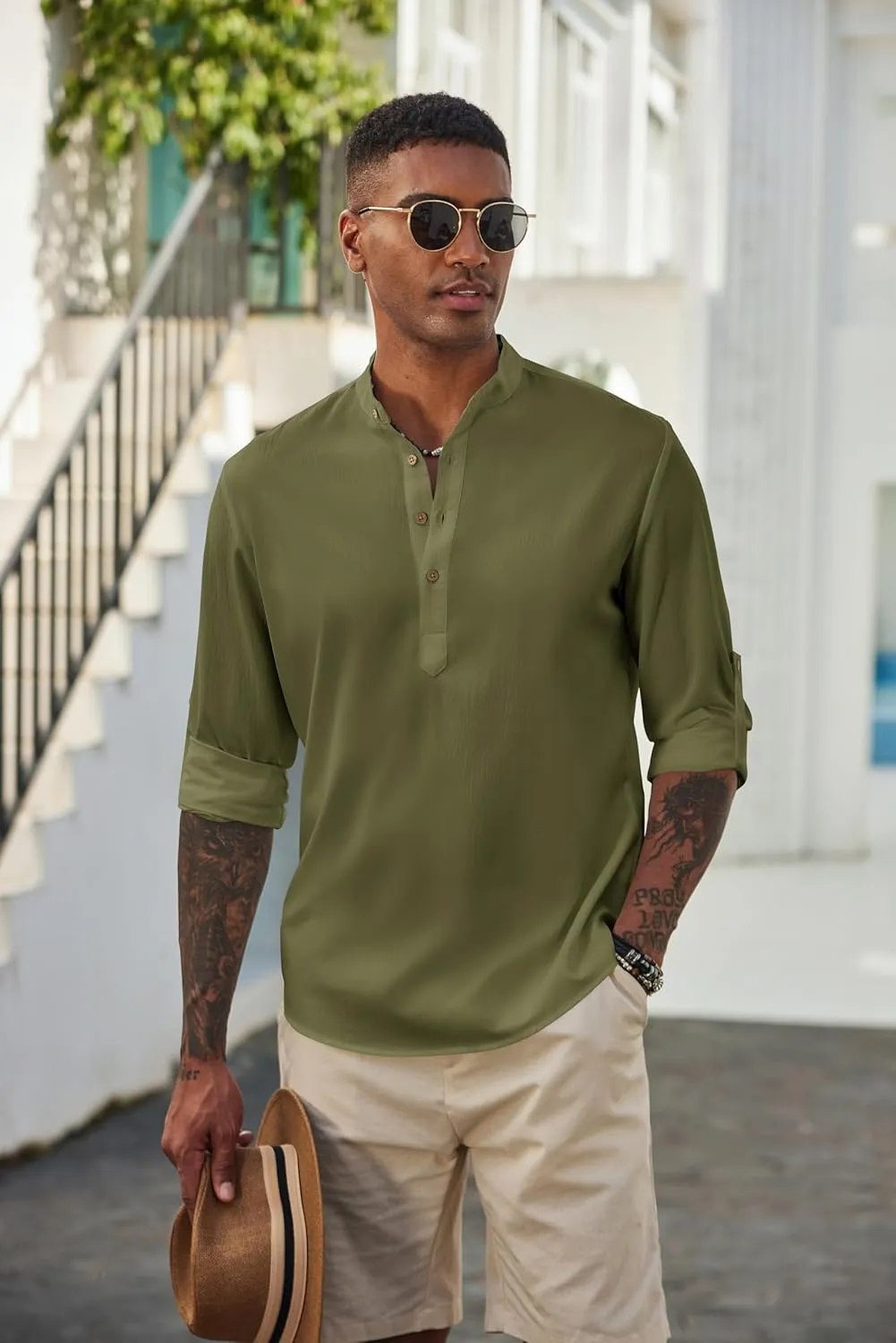 COOFANDY Men's Casual Henley Shirts Long Sleeve Band Collar Lightweight Beach Shirts Summer T-Shirts