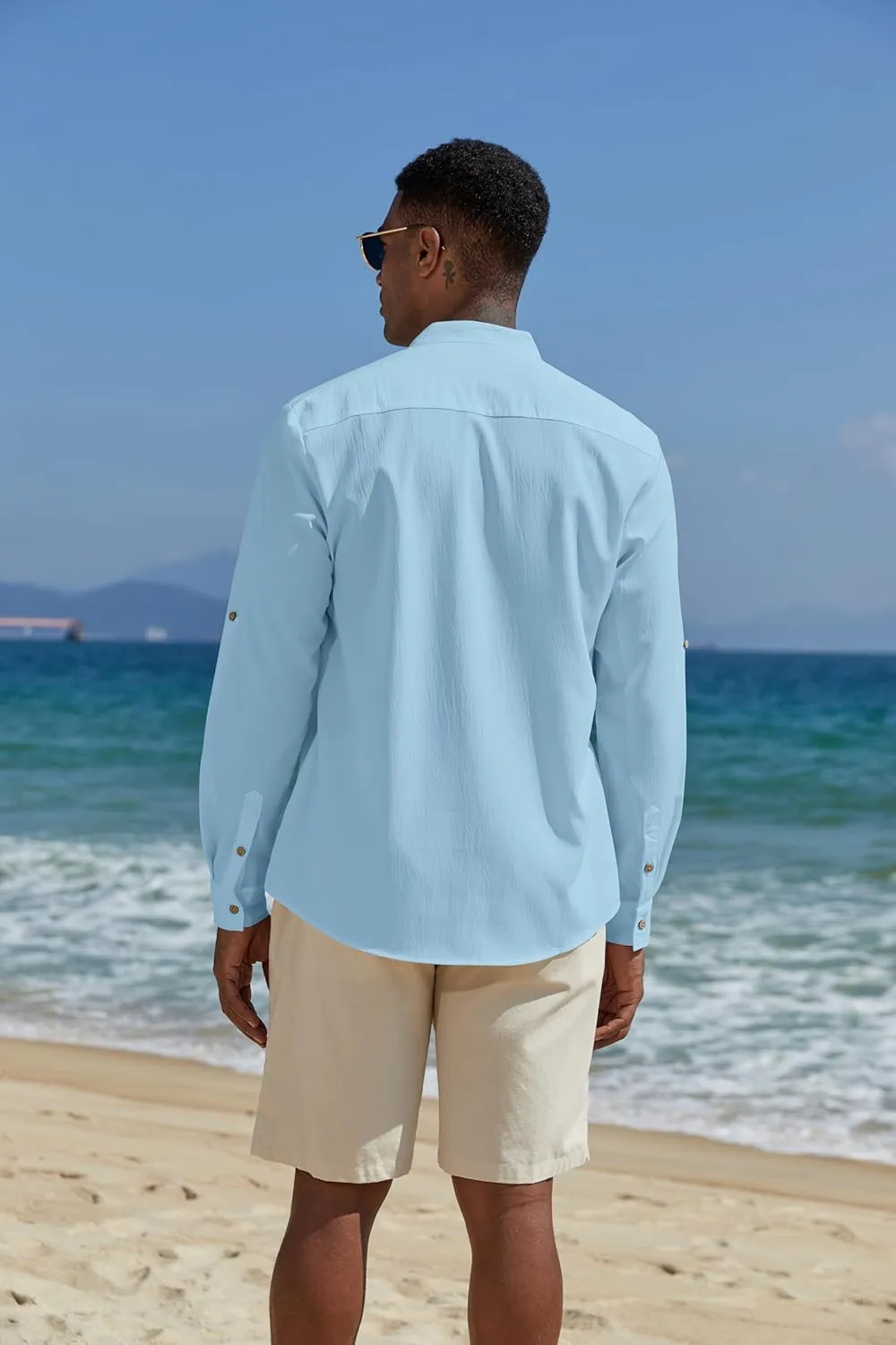 COOFANDY Men's Casual Henley Shirts Long Sleeve Band Collar Lightweight Beach Shirts Summer T-Shirts