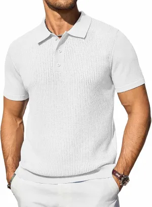COOFANDY Men's Knit Polo Shirts Short Sleeve Casual Button Down Shirts Vintage Collared Golf Shirts