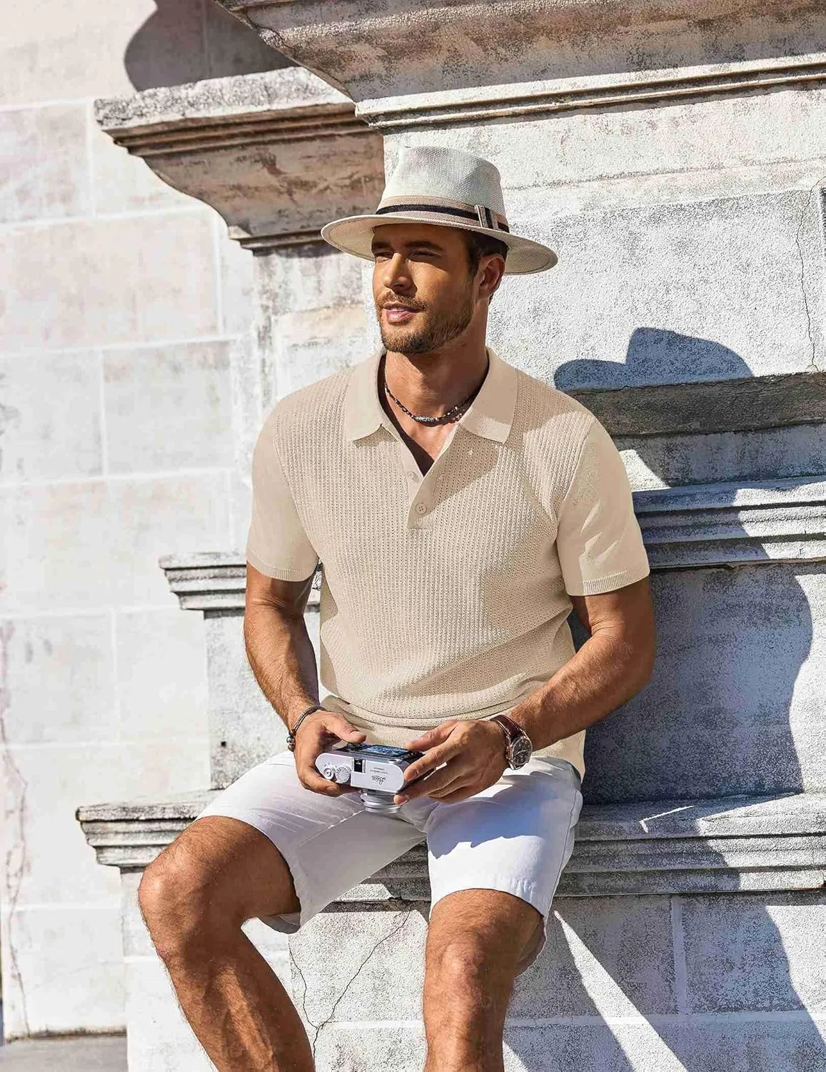COOFANDY Men's Knit Polo Shirts Short Sleeve Casual Button Down Shirts Vintage Collared Golf Shirts