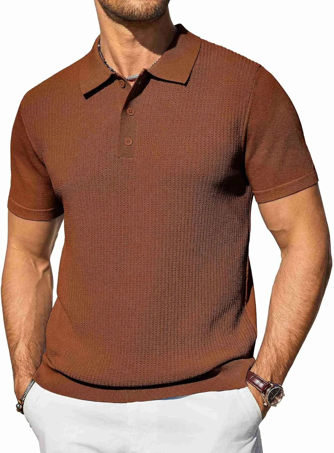 COOFANDY Men's Knit Polo Shirts Short Sleeve Casual Button Down Shirts Vintage Collared Golf Shirts