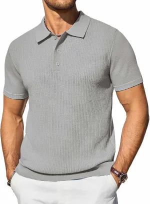 COOFANDY Men's Knit Polo Shirts Short Sleeve Casual Button Down Shirts Vintage Collared Golf Shirts