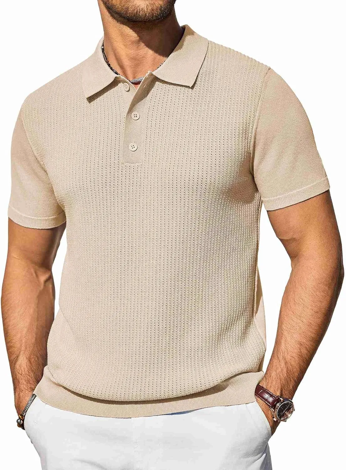 COOFANDY Men's Knit Polo Shirts Short Sleeve Casual Button Down Shirts Vintage Collared Golf Shirts