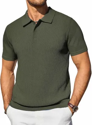 COOFANDY Men's Knit Polo Shirts Short Sleeve Casual Button Down Shirts Vintage Collared Golf Shirts