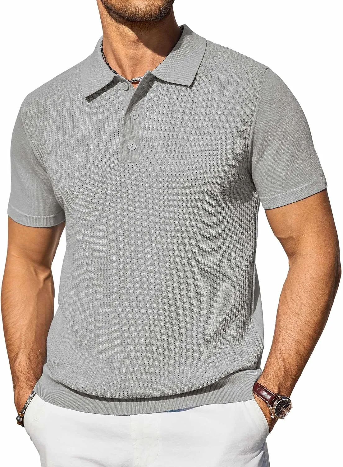 COOFANDY Men's Knit Polo Shirts Short Sleeve Casual Button Down Shirts Vintage Collared Golf Shirts