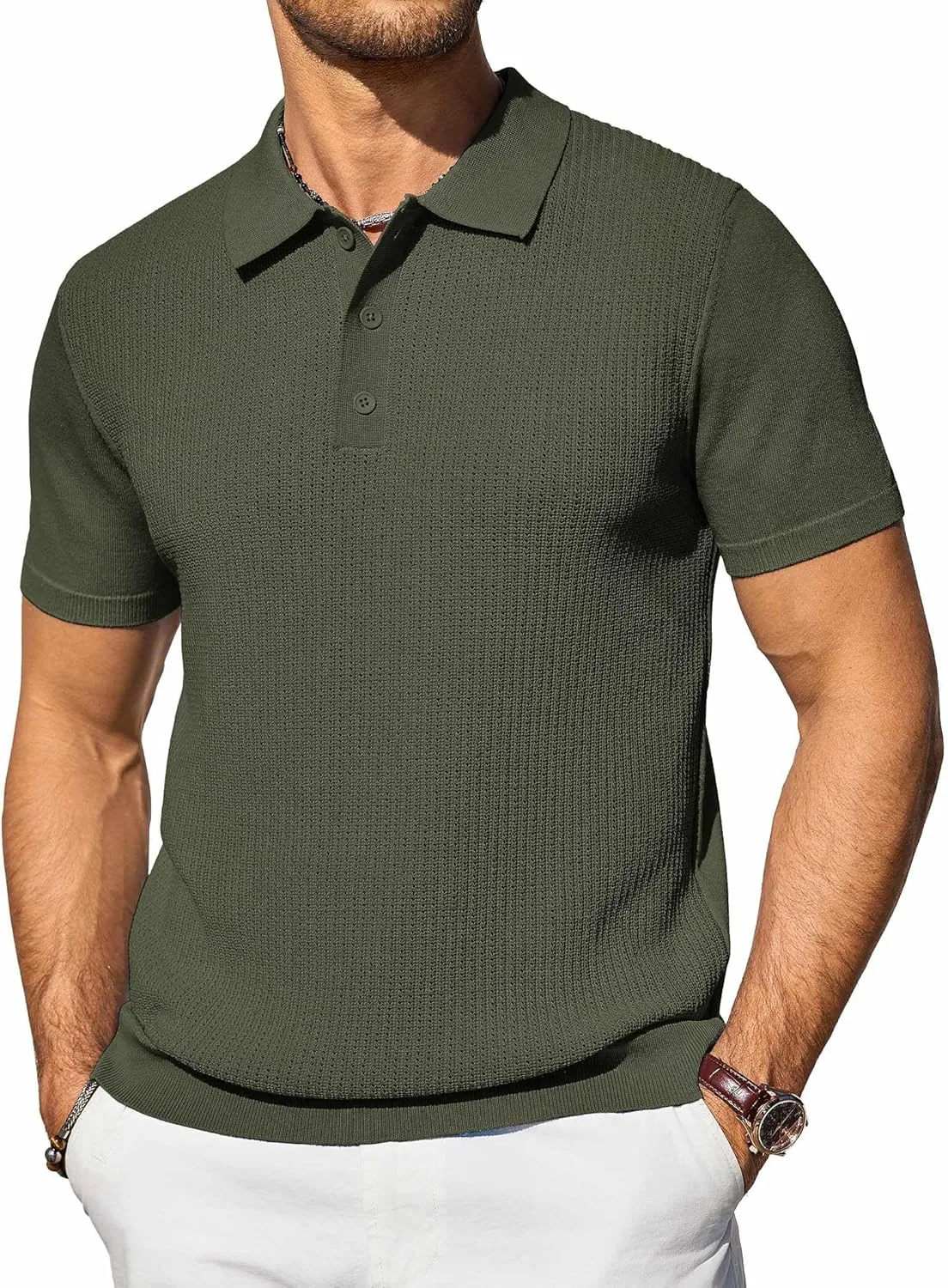 COOFANDY Men's Knit Polo Shirts Short Sleeve Casual Button Down Shirts Vintage Collared Golf Shirts