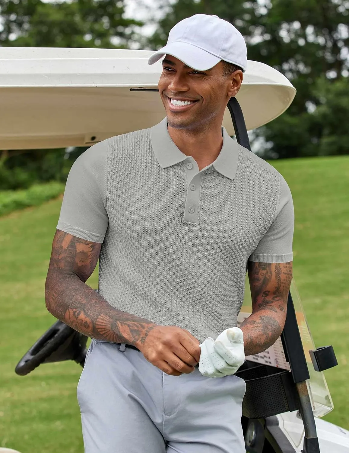 COOFANDY Men's Knit Polo Shirts Short Sleeve Casual Button Down Shirts Vintage Collared Golf Shirts