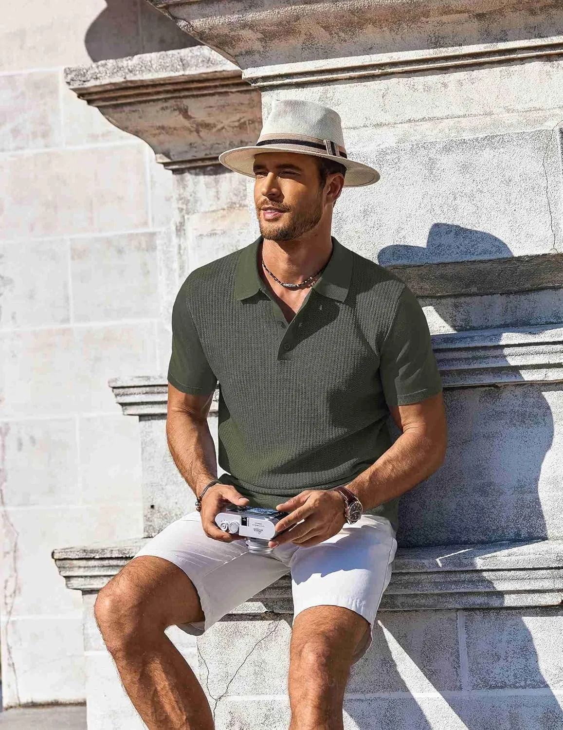 COOFANDY Men's Knit Polo Shirts Short Sleeve Casual Button Down Shirts Vintage Collared Golf Shirts