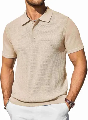 COOFANDY Men's Knit Polo Shirts Short Sleeve Casual Button Down Shirts Vintage Collared Golf Shirts