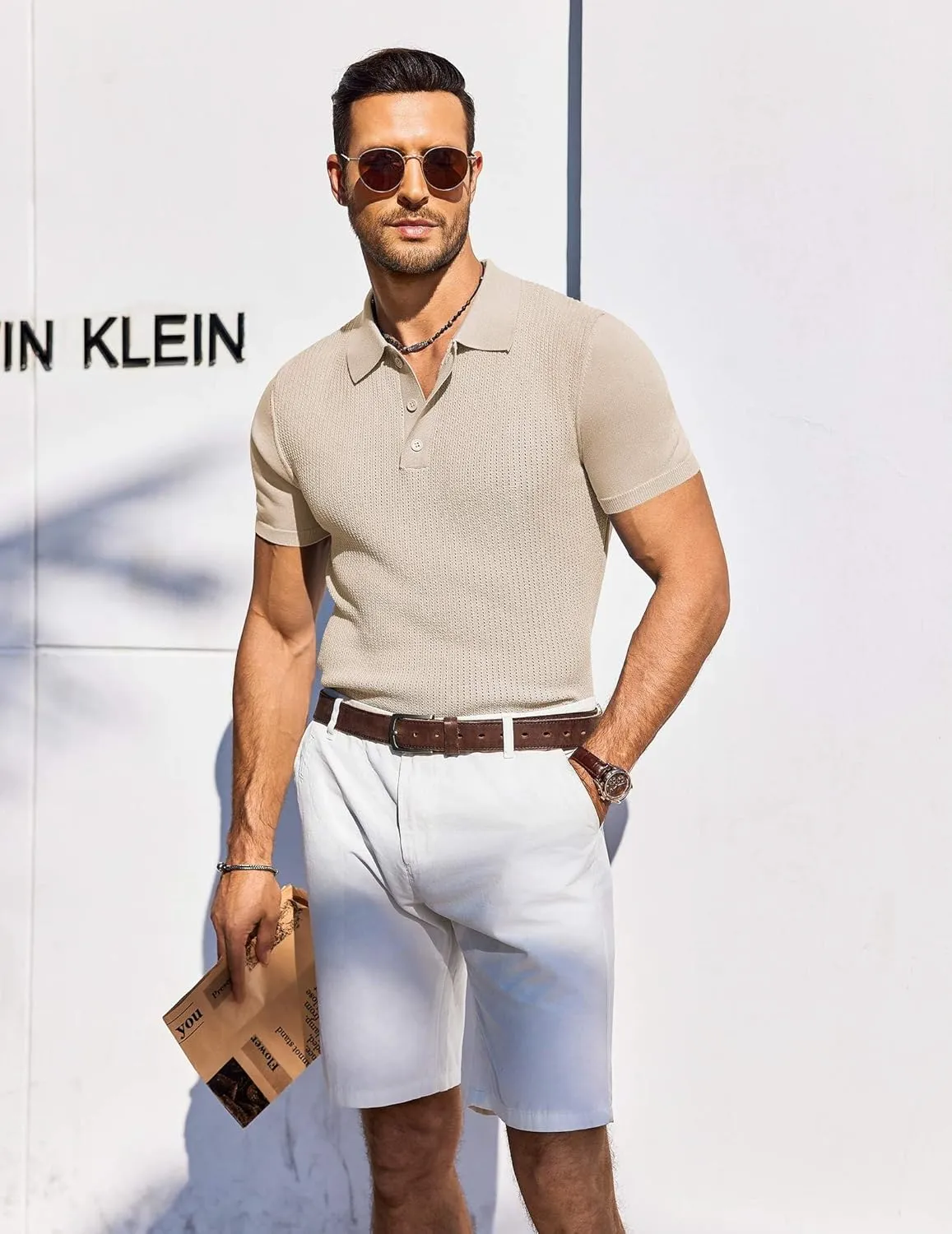 COOFANDY Men's Knit Polo Shirts Short Sleeve Casual Button Down Shirts Vintage Collared Golf Shirts