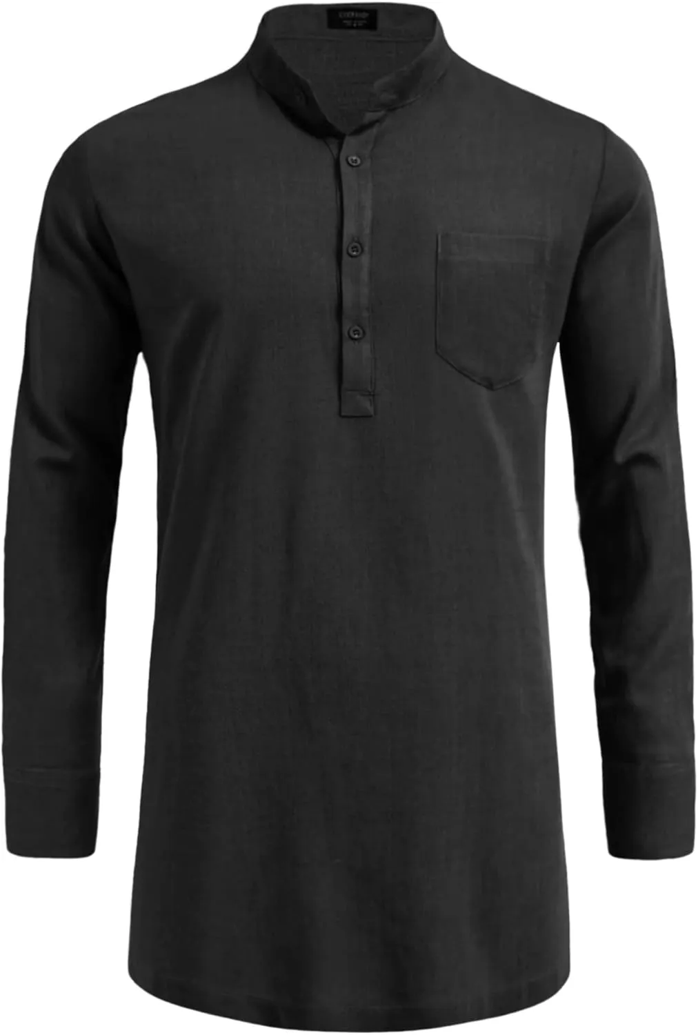 COOFANDY Men's Linen Henley Shirts Long Sleeve Collarless T-Shirts Longline Kurta Beach Shirts with Pocket